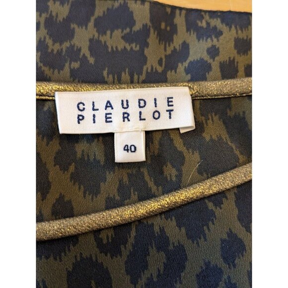 Claudie Pierlot Womens 8 Medium Animal Print Blouse Olive Green Back Keyhole - Picture 6 of 7